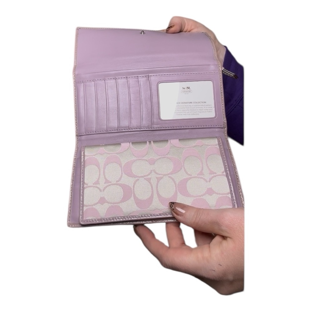 Coach Signature Stripe Patent Trim Wallet Lilac Purple - Picture 8 of 13